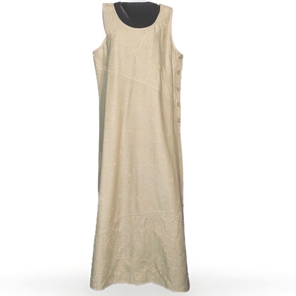 Denim & Co Maxi Linen Coverall Shift Dress LG Cream Embroidered Boho Button Side